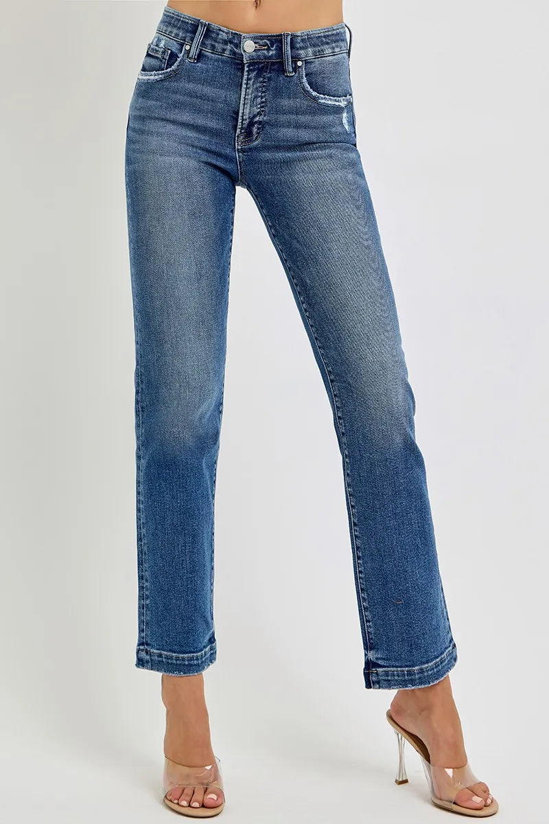 Full Size Tummy Control Elastic Band Mid Rise Straight Jeans Plus Size