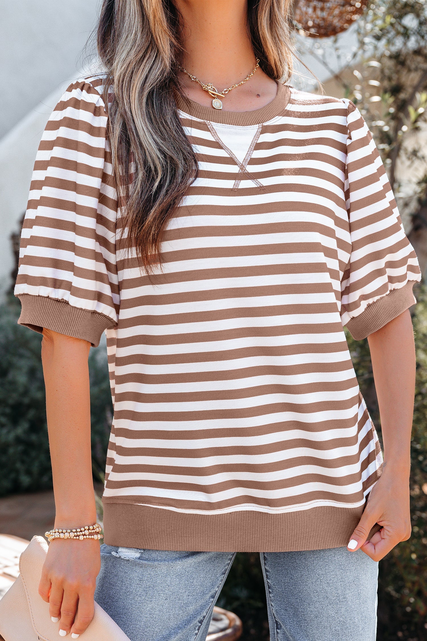 Orange Stripe Short Bubble Sleeve T Shirt