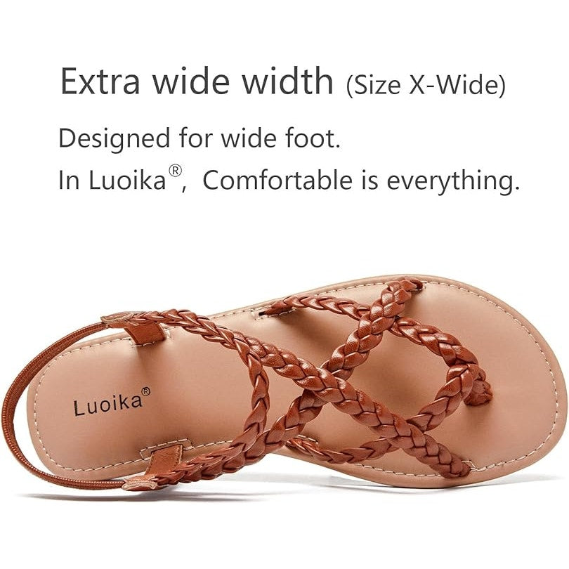New Luoika Womens 8.5W Wide Brown Braided Strap Opent Toe Flat Sandals Shoes