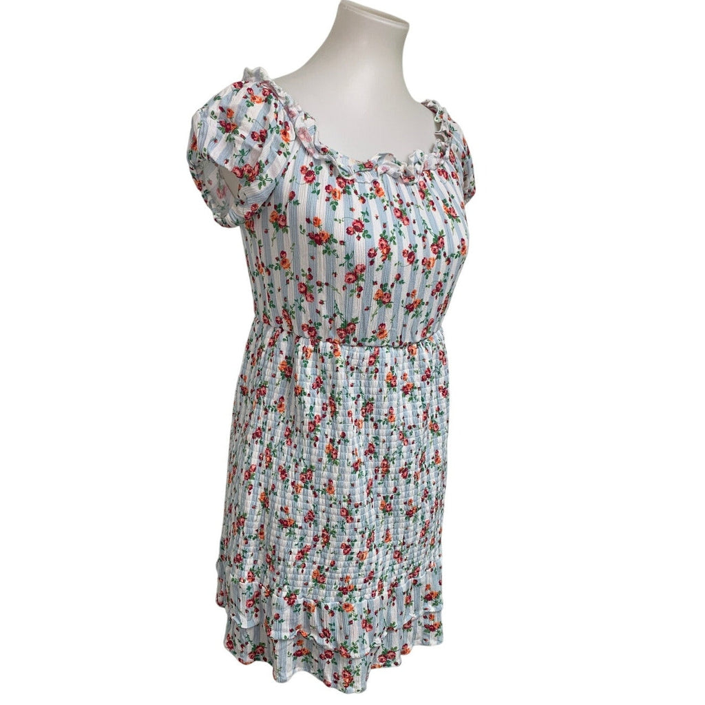 Peach Love California Womens Medium Striped Floral Short Sleeve Smocked Dress