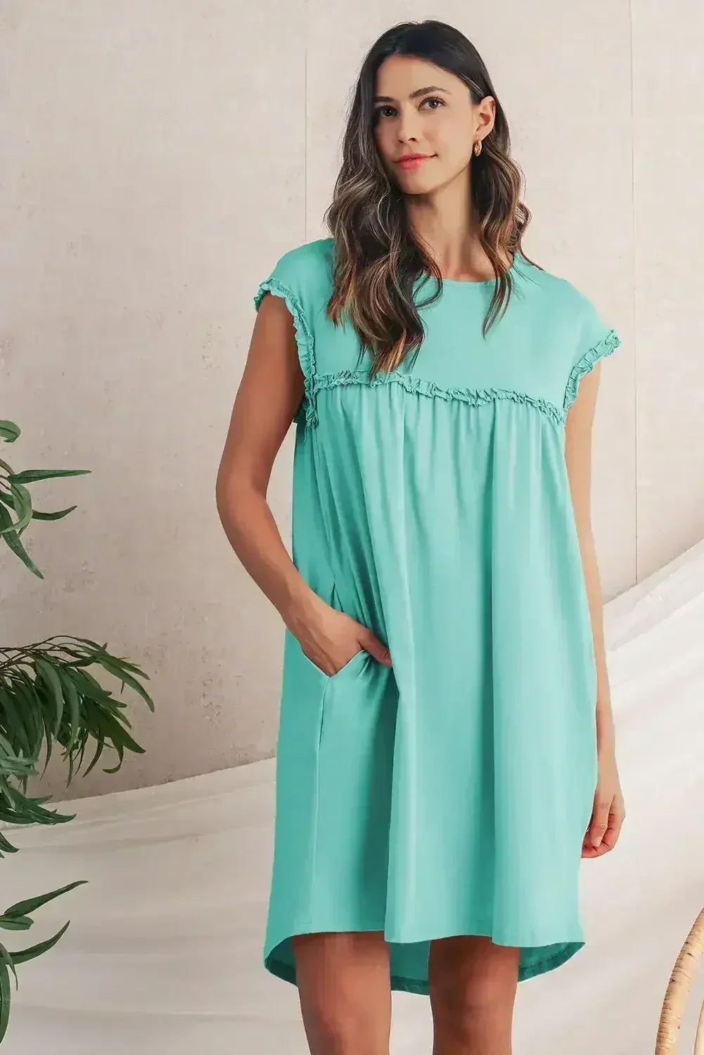 Oatmeal Frilled Trim Crewneck Loose Fit Mini Dress