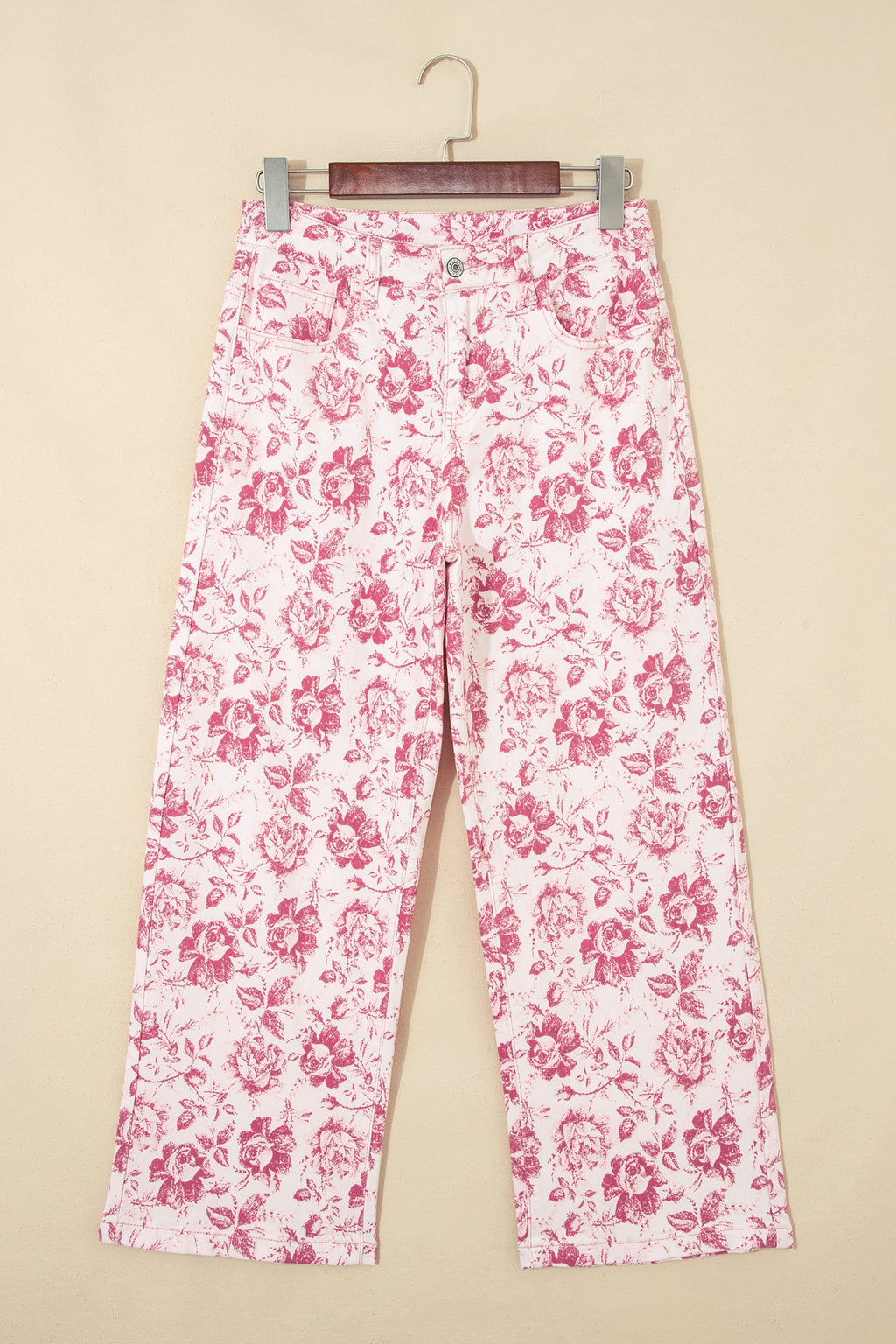 Pink Vintage Floral Print Denim Shift Pants