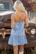 Beau Blue Bow Detail Spaghetti Straps Ruffle Hem Denim Short Dress