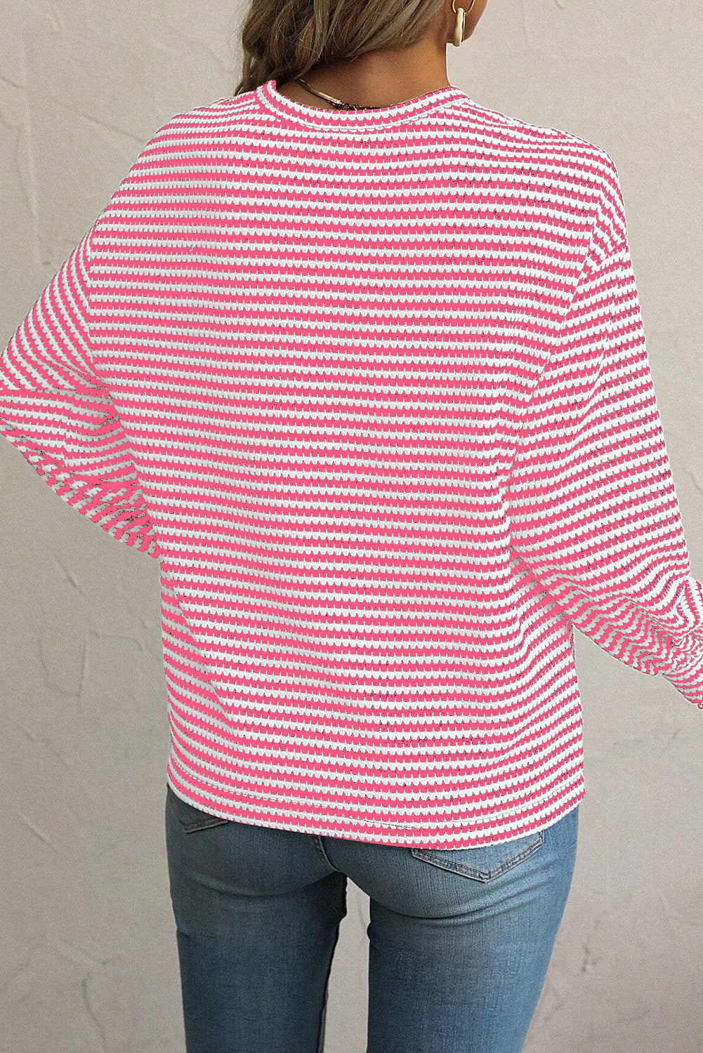 Khaki Stripe Round Neck Drop Shoulder Long Sleeve Top
