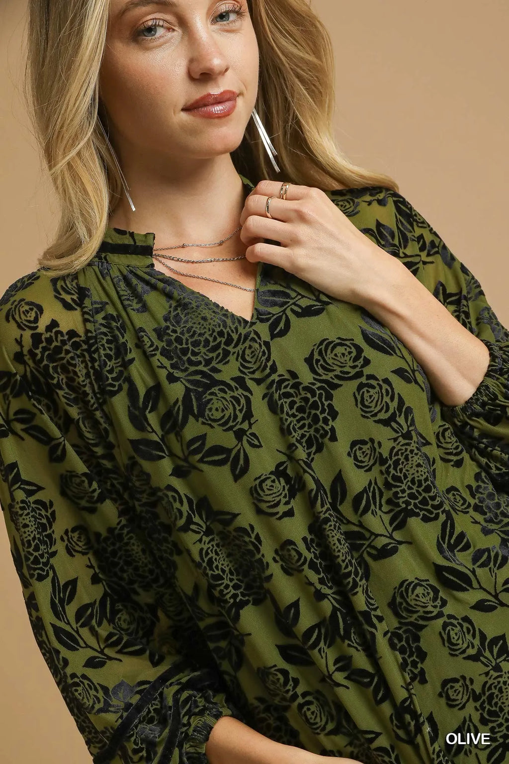 Full Size Floral Velvet Blouse with Balloon Sleeves Plus Size
