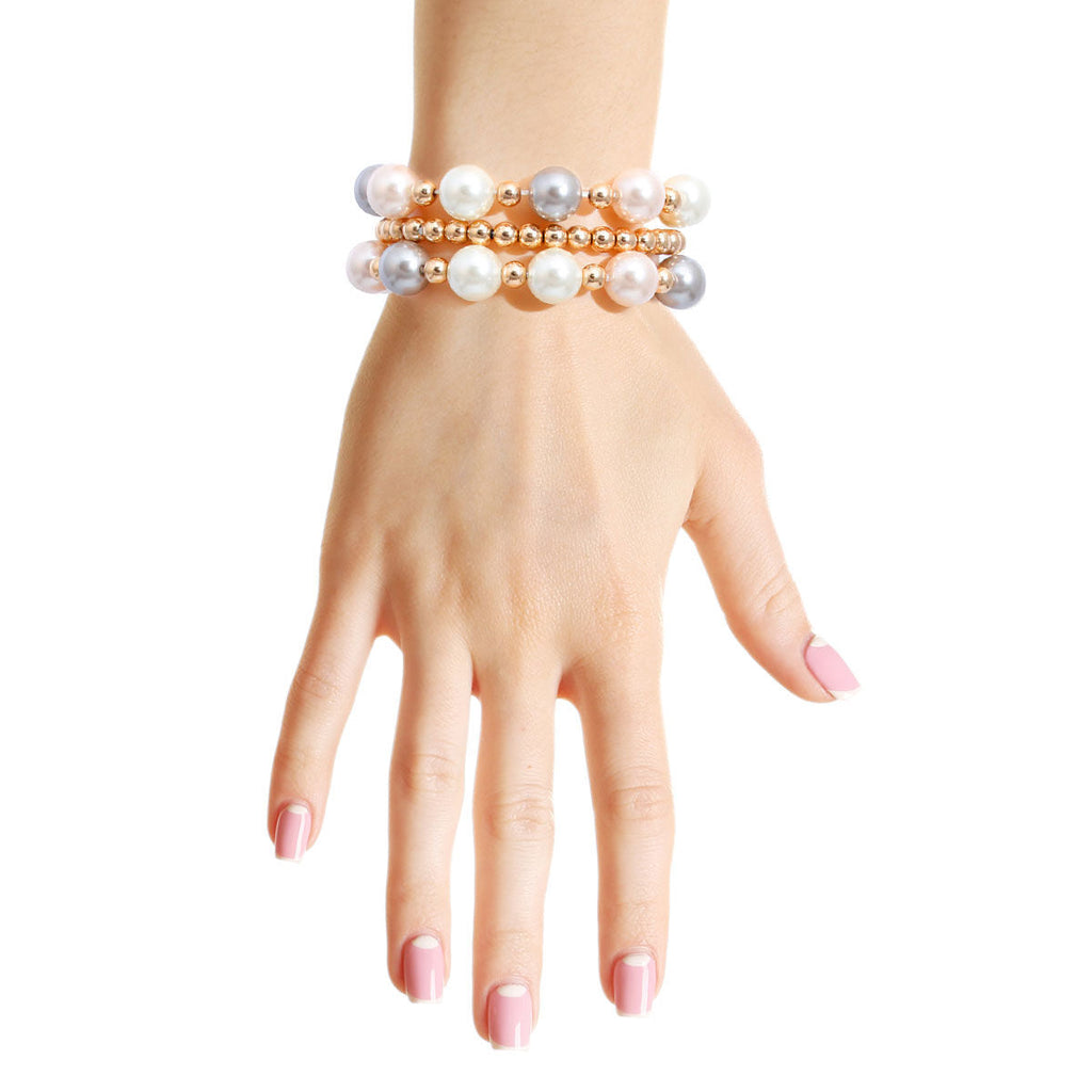 Gold 3 Strand Mixed Pearl Bracelet – Stylish Layered Jewelry Accessory