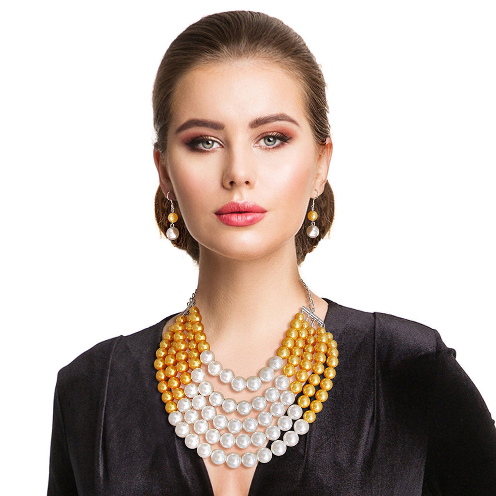 Statement 5 Row Pearl Necklace in Orange and Cream, Trendy Layered Jewelry