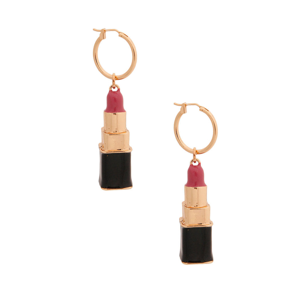 Hoop Earrings with Pink Lipstick Charm – Trendy Fashion Jewelry