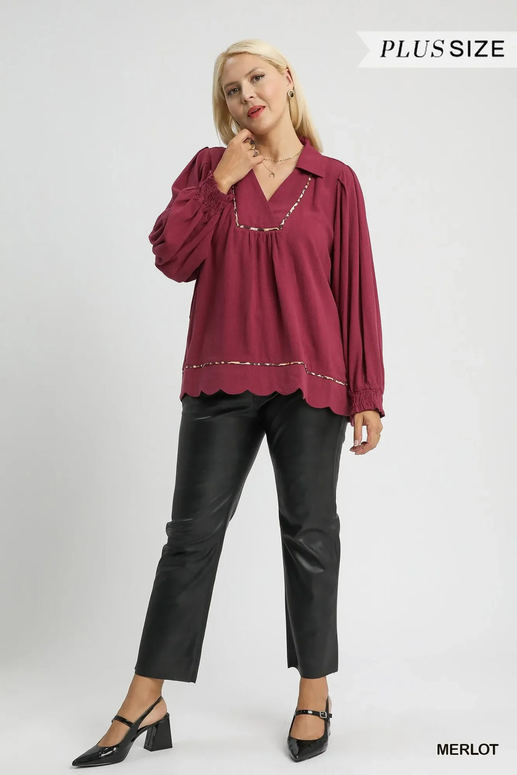Full Size Linen Scallop Hem Blouse with Contrast Trim Plus Size