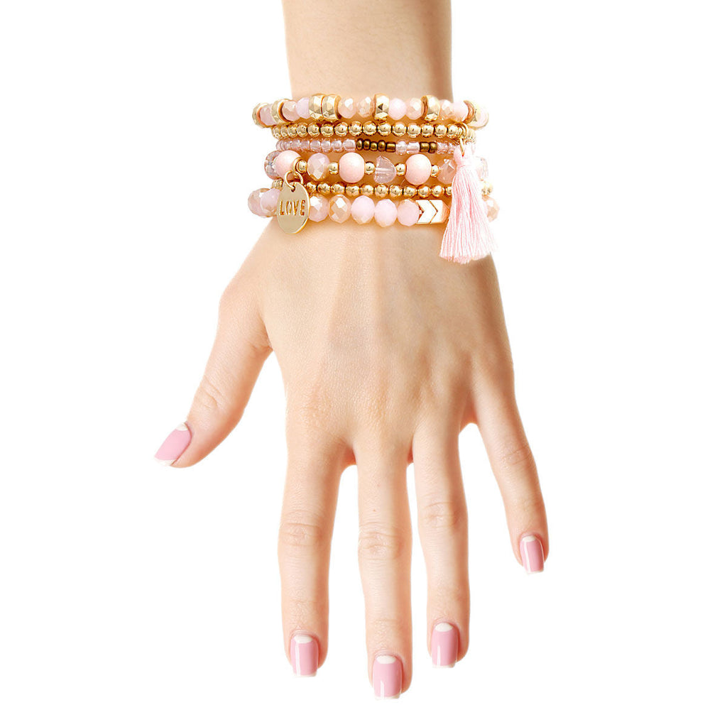 Bracelet Set 6 Pcs Light Brown Glass Trendy Layered Accessories