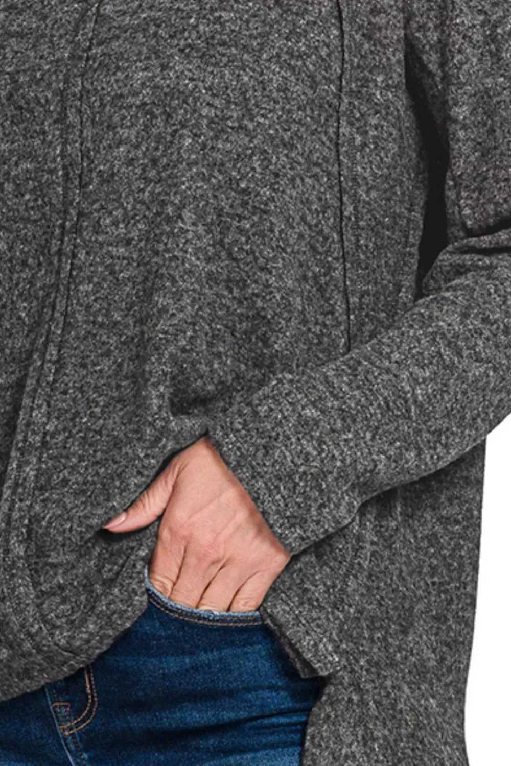 Full Size Brushed Hacci Exposed Seam Hi Low Sweater Plus Size