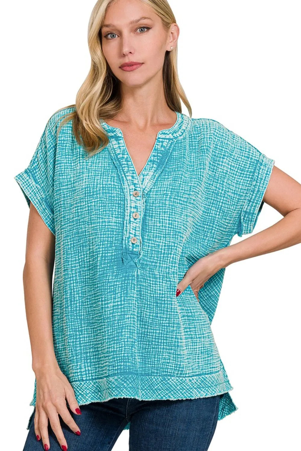 Washed Double Gauze 3/4 Button Henley Neck Shirt