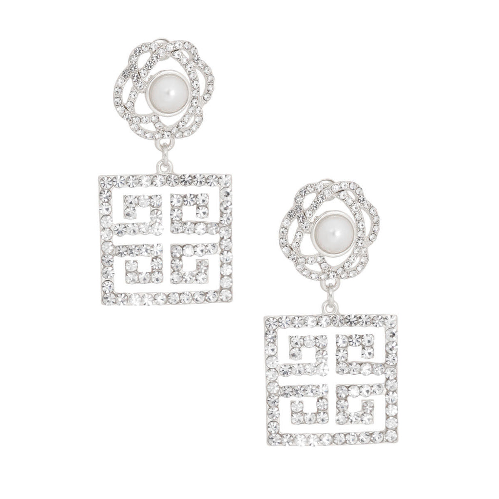 Square Greek Key Silver Flower Earrings Stylish Statement Jewelry