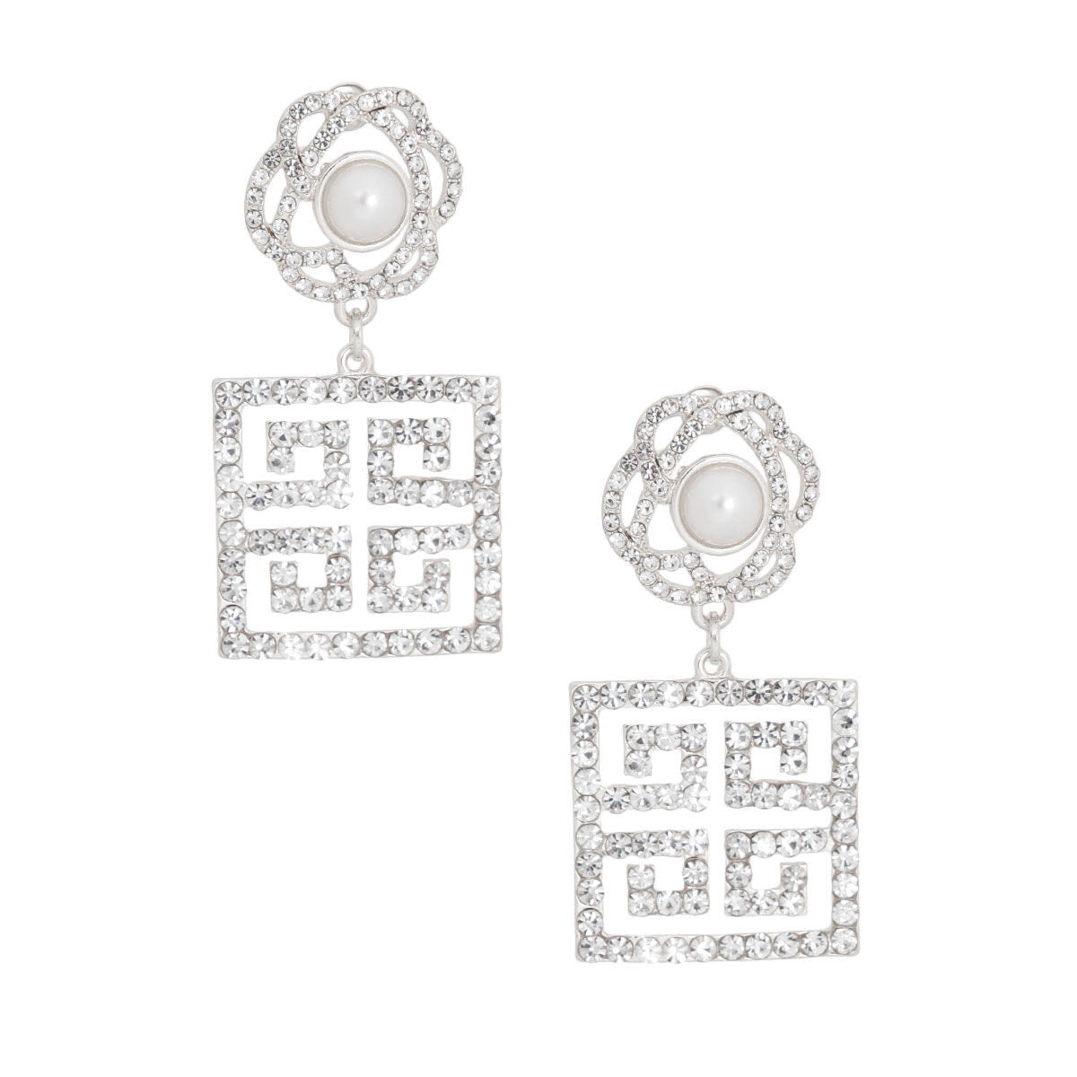 Square Greek Key Silver Flower Earrings Stylish Statement Jewelry