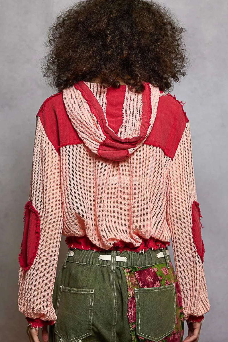 Texture Woven Button Down Hooded Shirt with Drawstring Hem