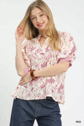 Mixed Print Puff Sleeve Split Neck Top