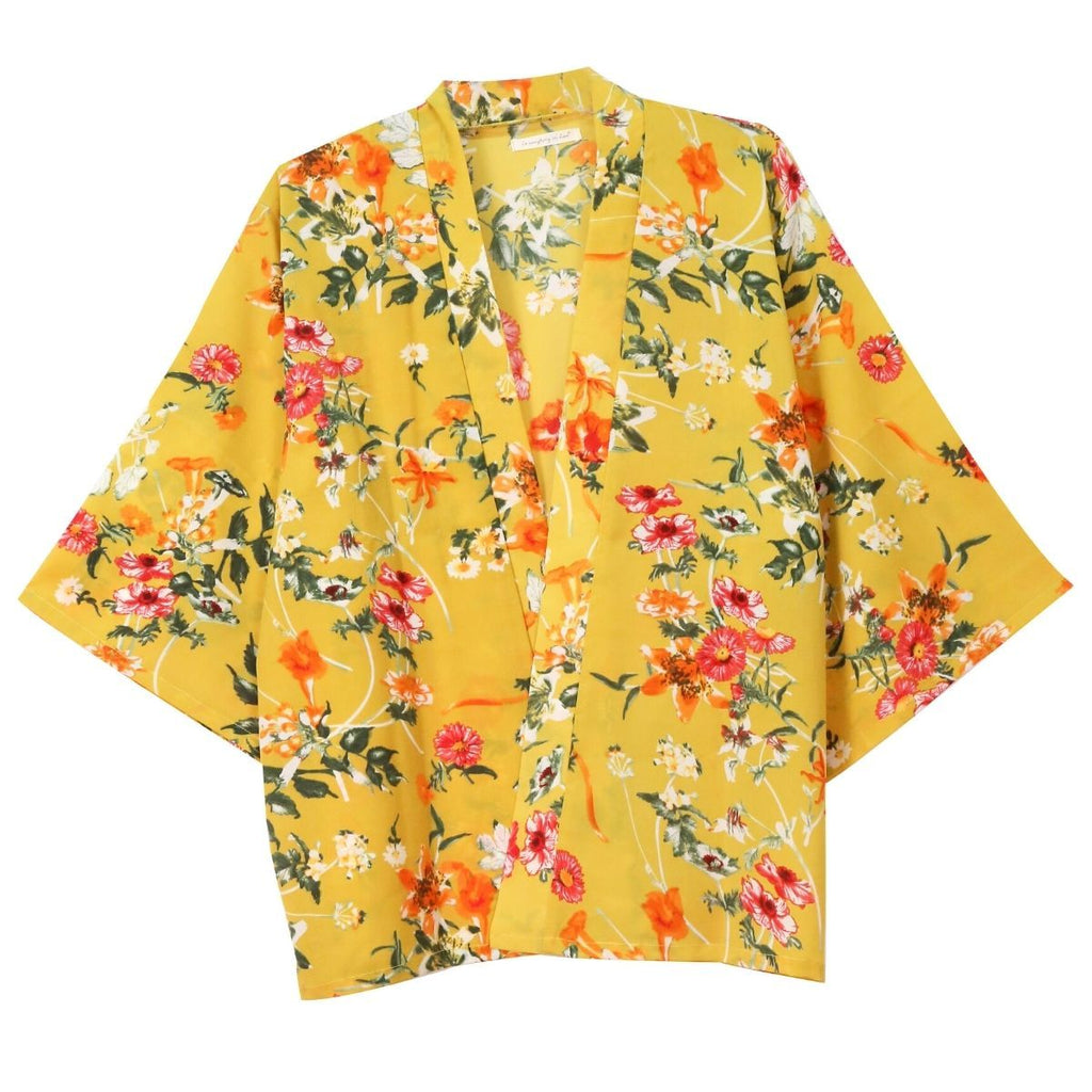 Women’s Kimono Mustard Poppy Flower Stylish Casual Layered Top