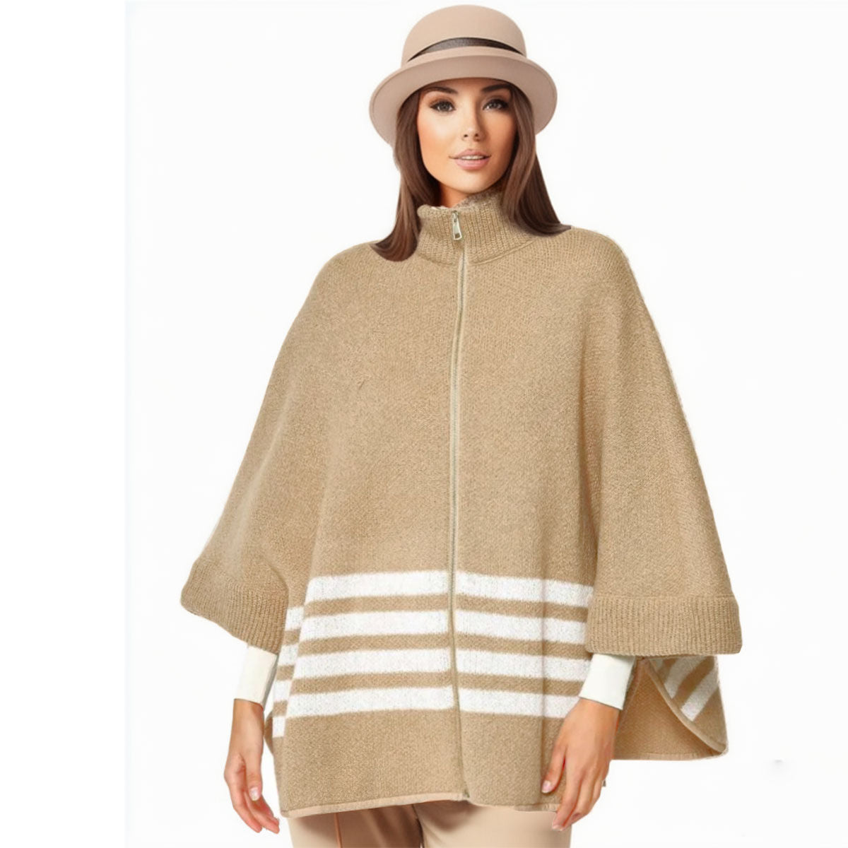 Zipper Kimono with Camel Stripe – Stylish Casual Layered Outerwear