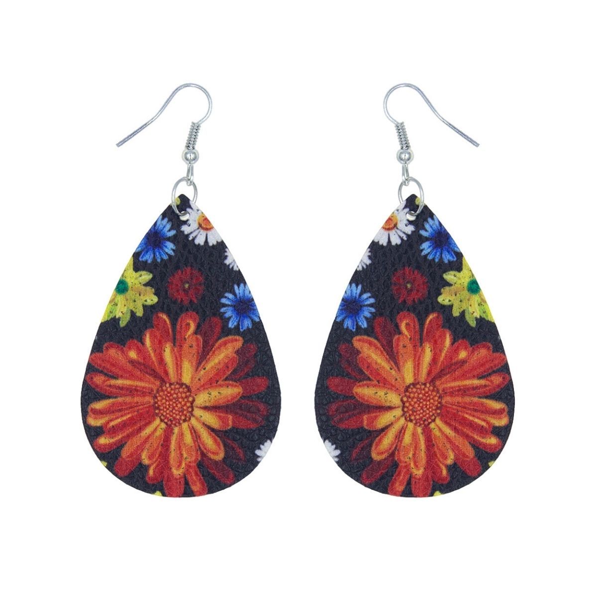 Teardrop Earrings with Multi Color Daisy Print – Stylish Statement Jewelry