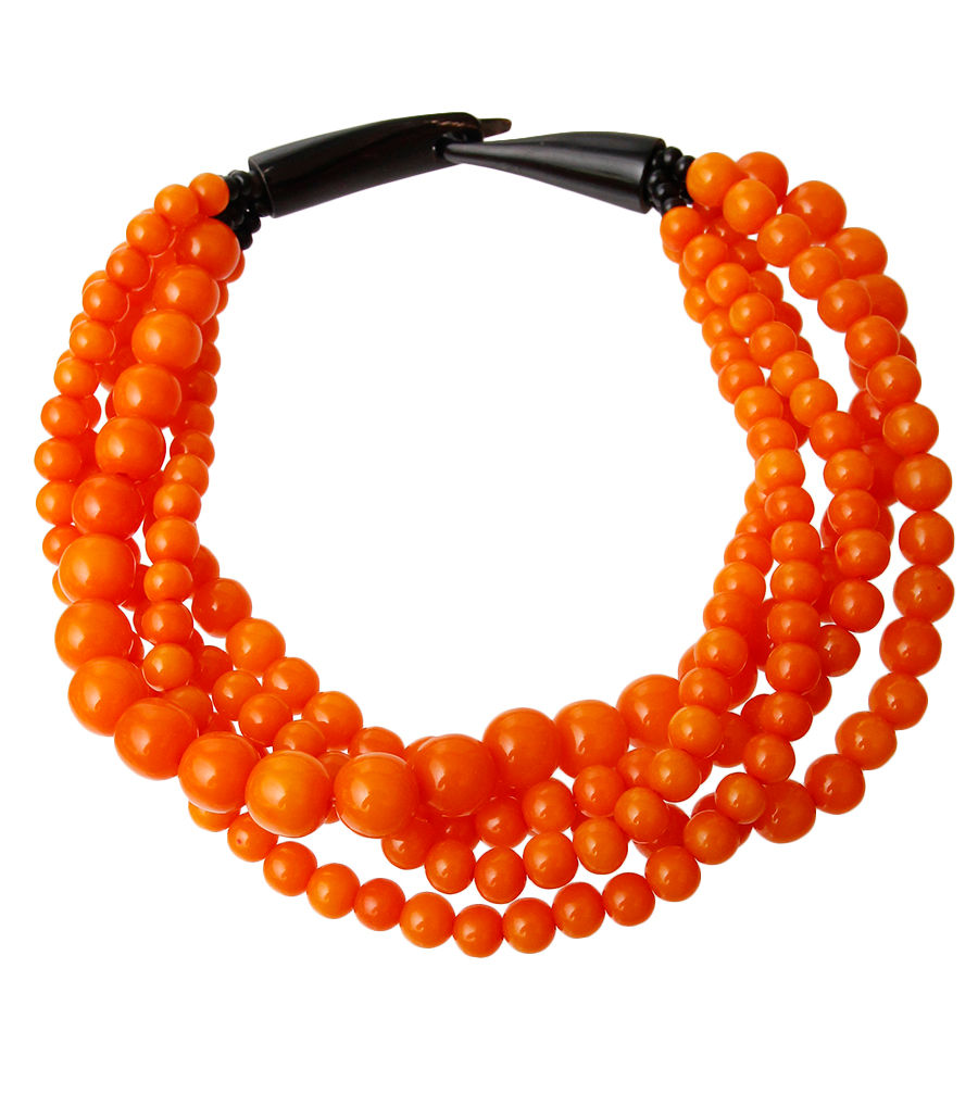 Statement Necklace with Orange Beads and Buffalo Horn Hook, Trendy Fashion Jewelry
