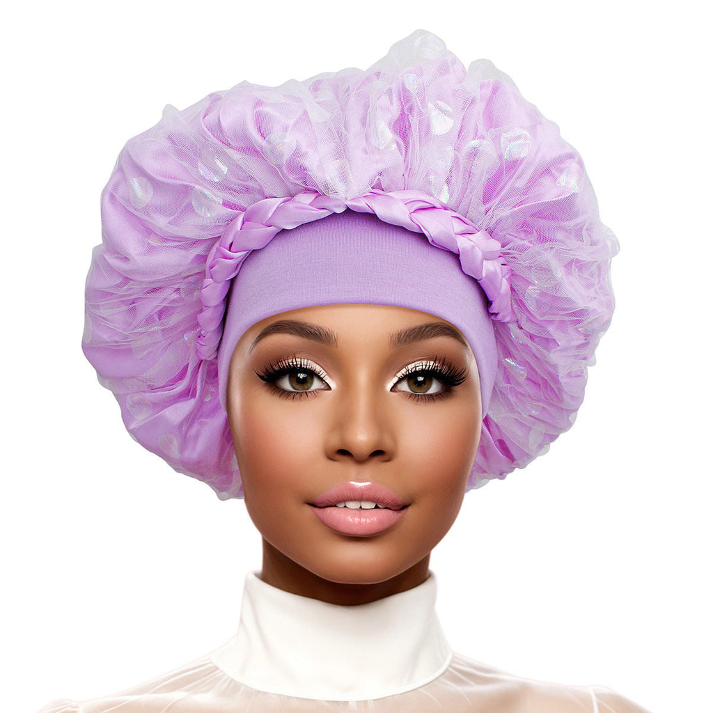Women’s Satin Bonnet Purple Wide Edge Double Layer Chic Lounge Accessory