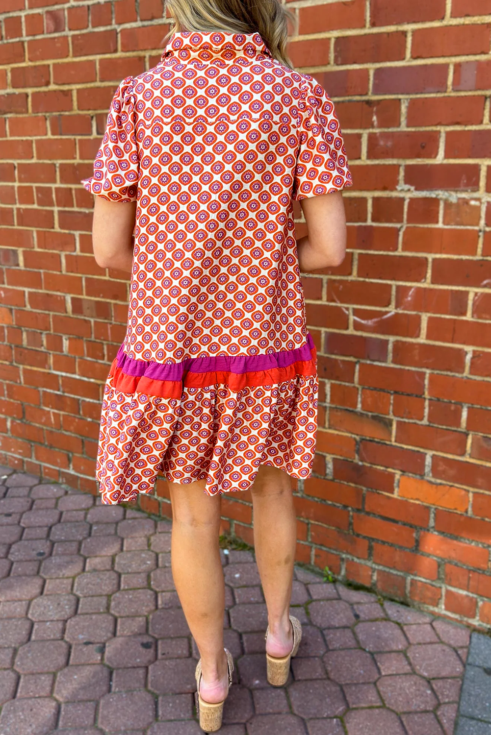 Orange Geometric Floral Print Color Block Trim Button Front Ruffle Hem Dress