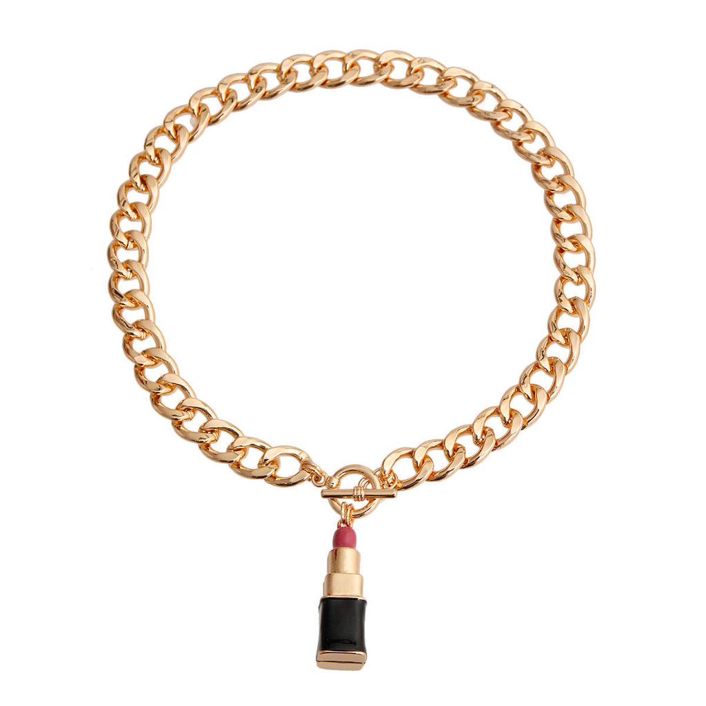 Charm Necklace with Pink Lipstick Pendant – Trendy Fashion Jewelry Accessory
