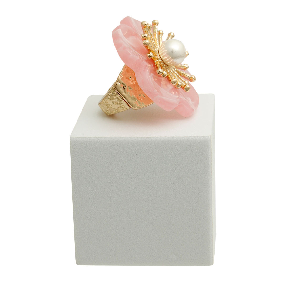 Gold Ring with Marbled Pink Flower - Stylish Statement Jewelry