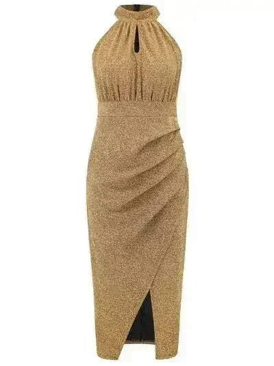 Slit Ruched Mock Neck Sleeveless Dress