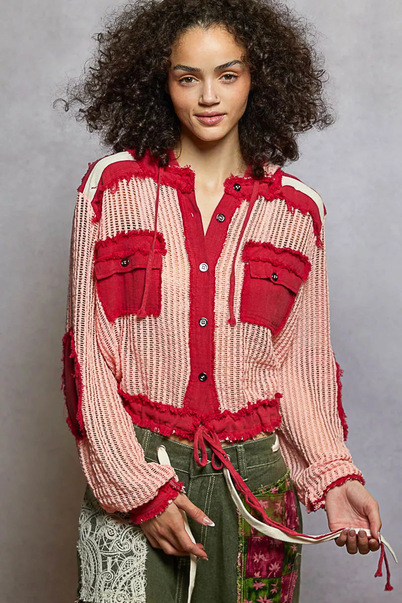 Texture Woven Button Down Hooded Shirt with Drawstring Hem