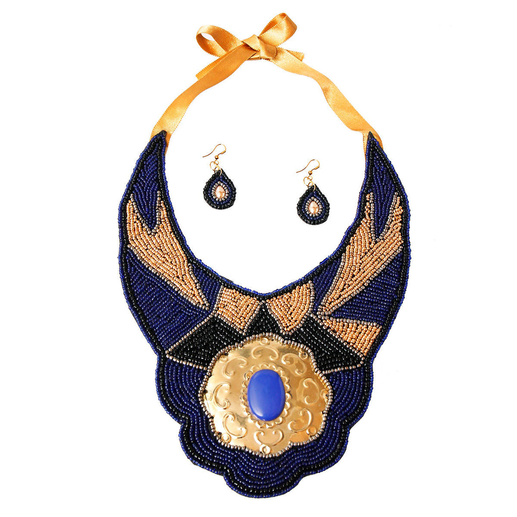 Statement Beaded Bib Necklace Set in Blue and Gold – Stylish Fashion Jewelry Accessory