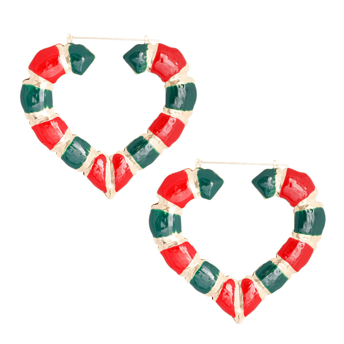 Bamboo Hoop Earrings with Red and Green Heart Detail – Trendy Statement Jewelry