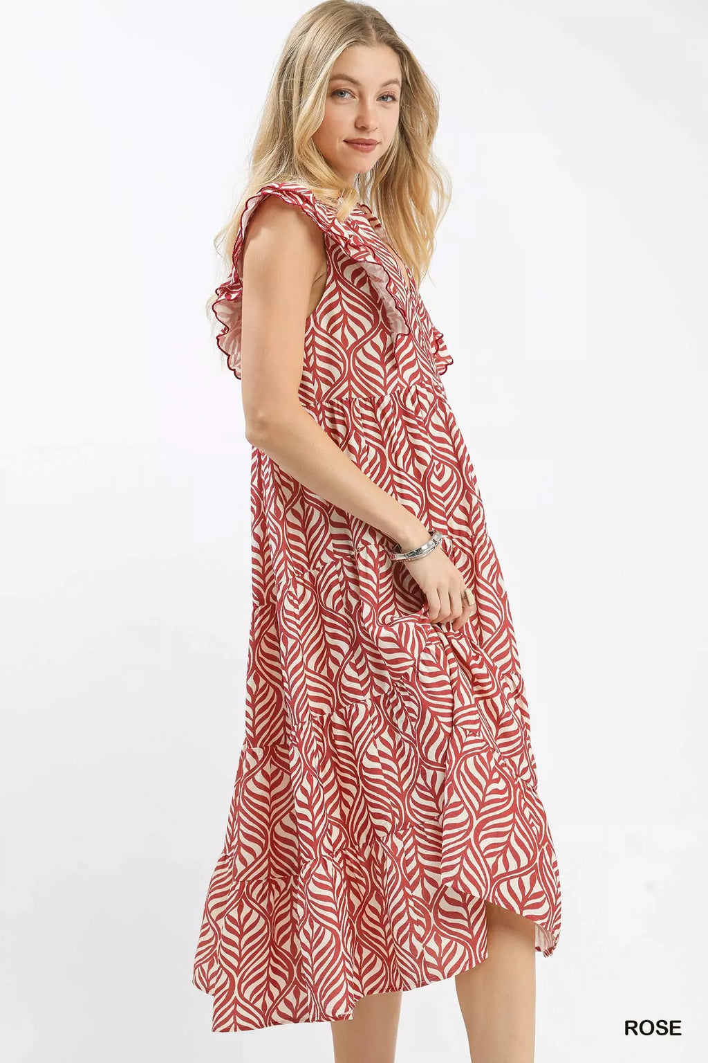 Leaf Print Tiered Midi Dress with Ruffle Detail