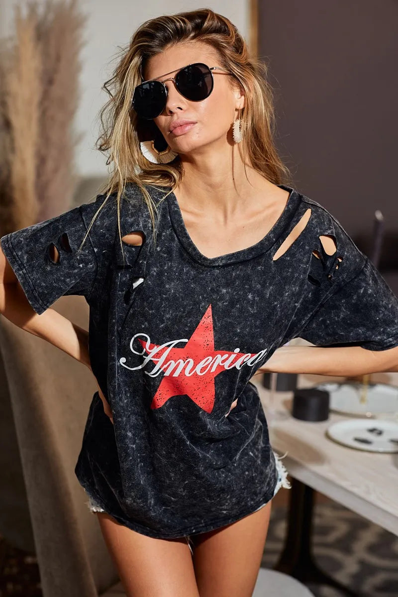 Laser Cut Mineral Washed Jersey Top with America