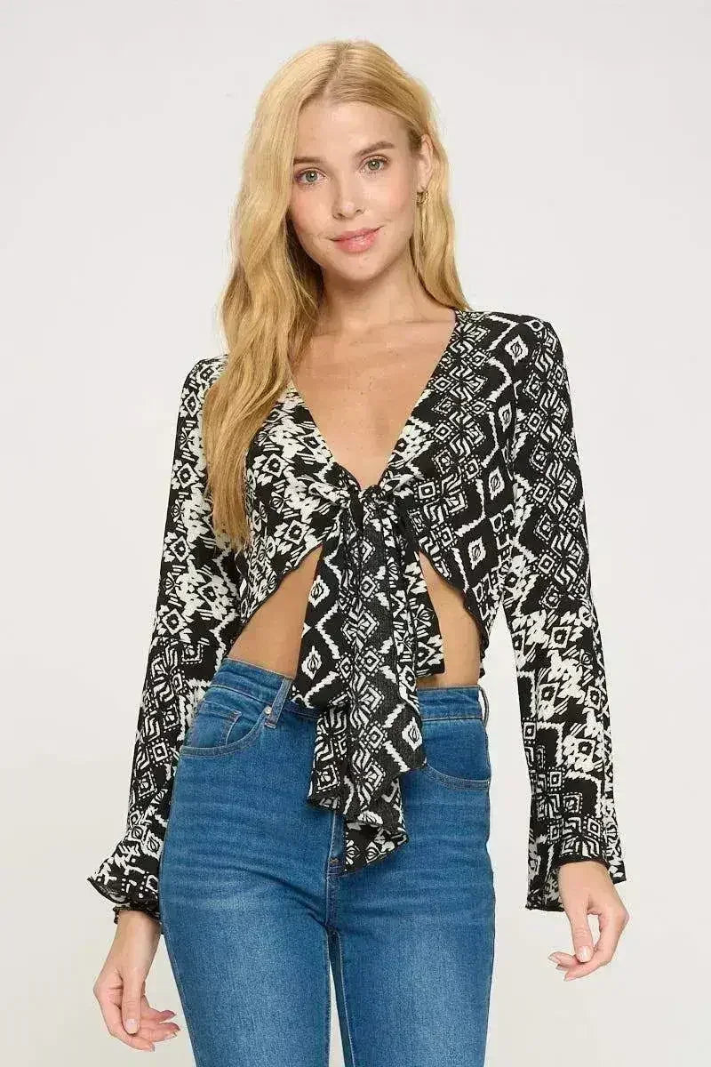 Boho Bell-Sleeve Crop Top | Floral Tie-Front | Sizes S-XL | Femstylo