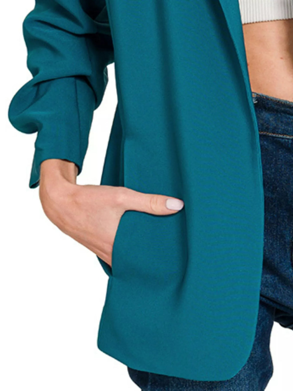 Woven 3/4 Ruched Sleeve Open Front Classic Blazer