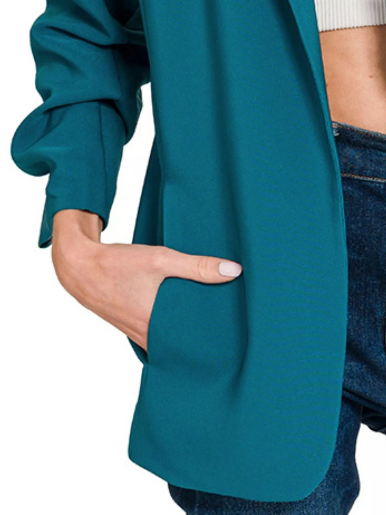 Woven 3/4 Ruched Sleeve Open Front Classic Blazer