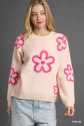 Round Neck Sweater with Pink Floral Accents