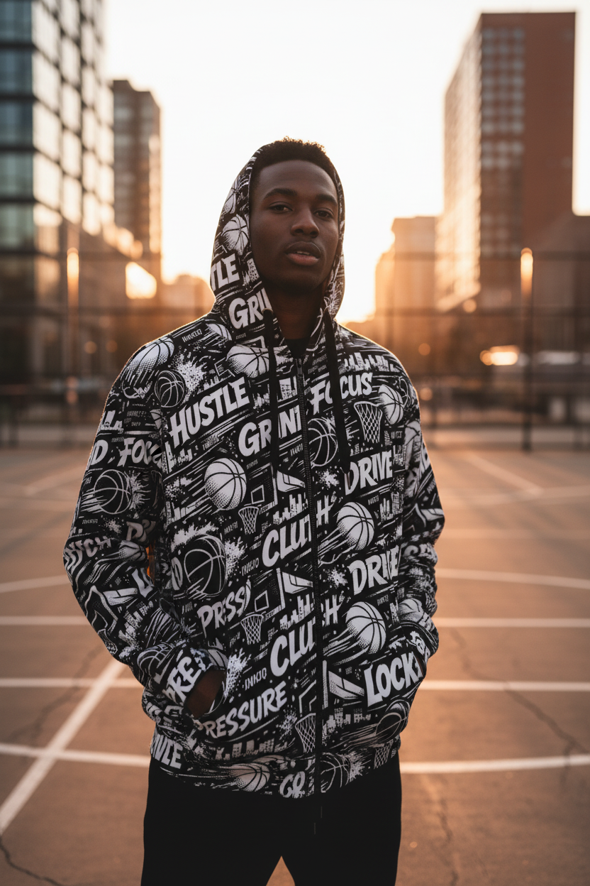 HUSTLE | GRIND | FOCUS – All-Over Print Zip Hoodie | INKIQ Streetwear
