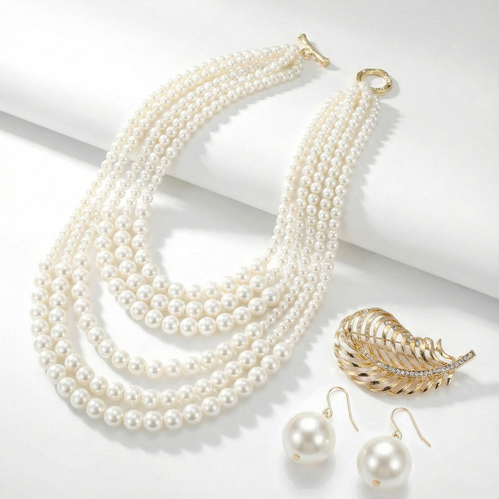 Statement Brooch Necklace with Cream Pearl and Detachable Feather, Stylish Fashion Accessory