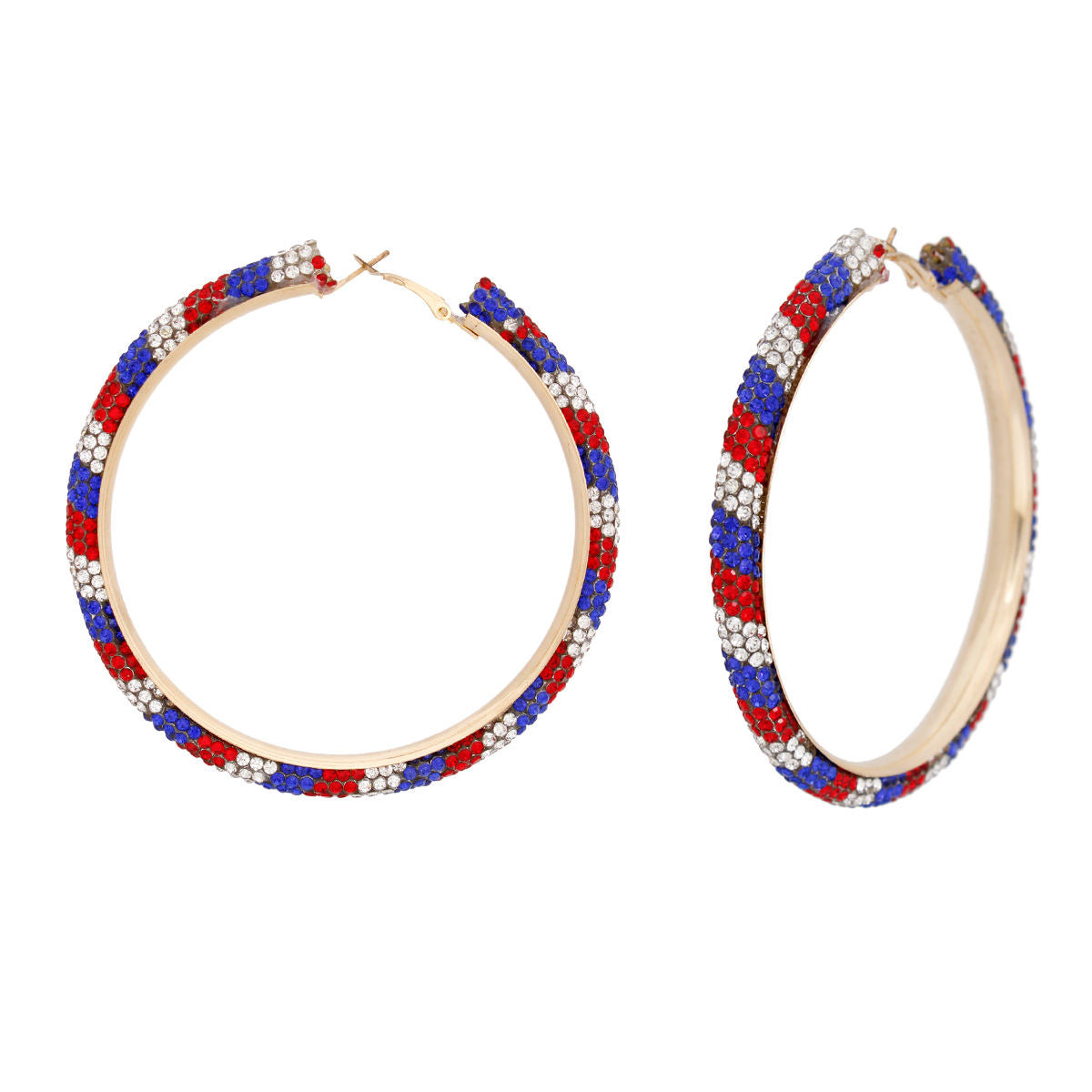Statement Hoop Earrings 3" Tube Rhinestone Red White Blue Stylish