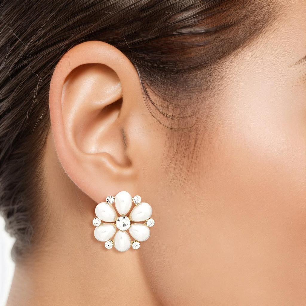 Small Pearl Stud Earrings with Cream Flower Detail for Women, Stylish Fashion Jewelry