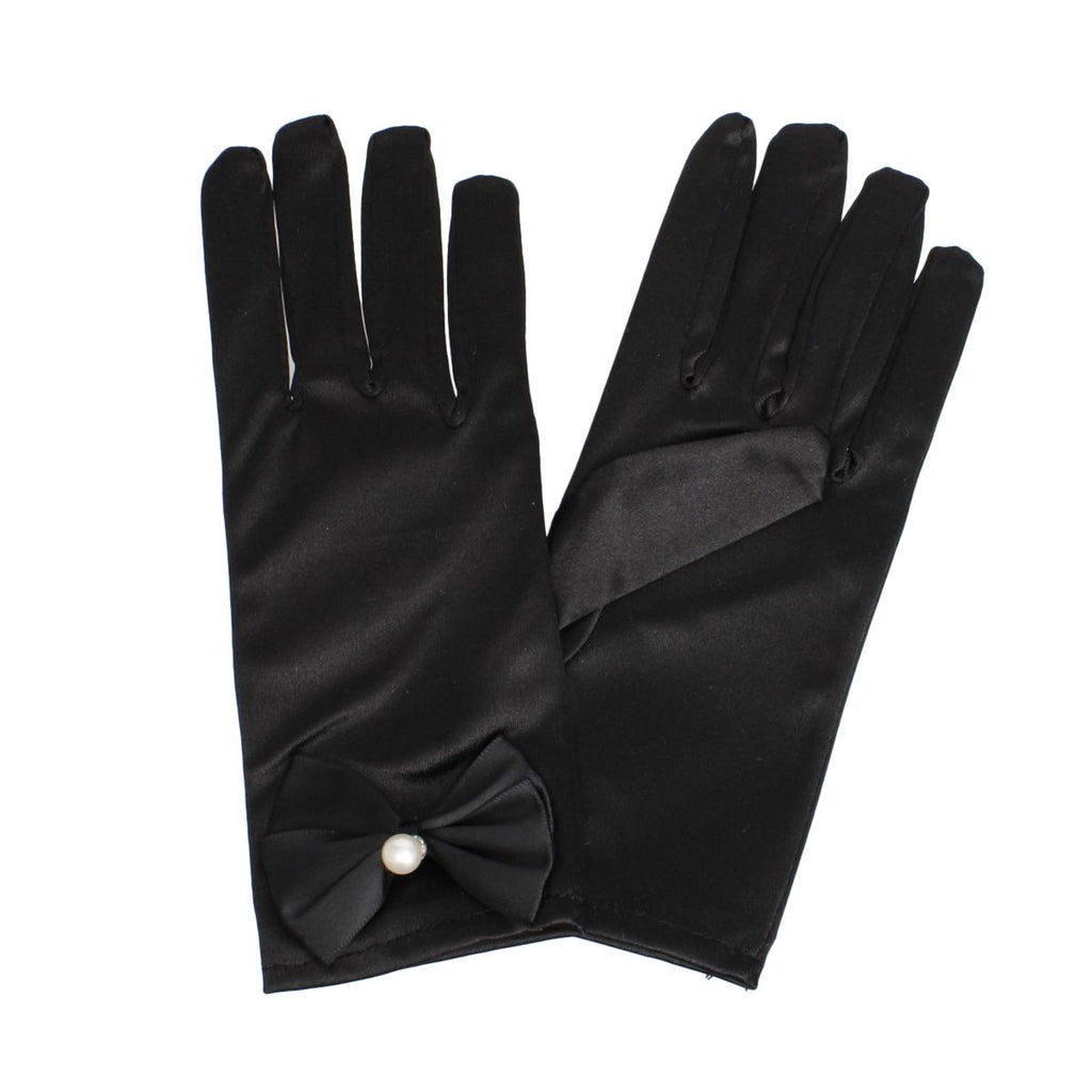 Women’s Formal Gloves Black Satin Bow Pearl Accent Elegant Chic