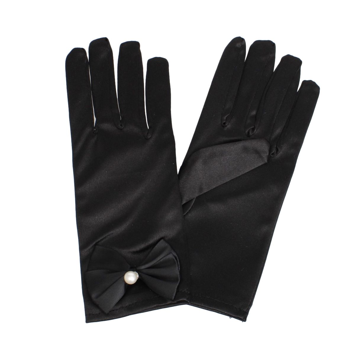 Women’s Formal Gloves Black Satin Bow Pearl Accent Elegant Chic
