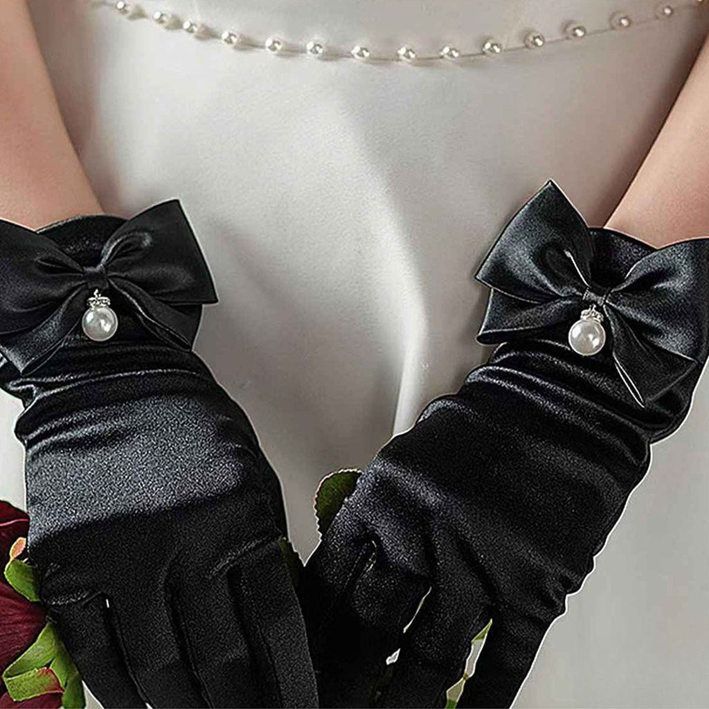 Women’s Formal Gloves Black Satin Bow Pearl Accent Elegant Chic