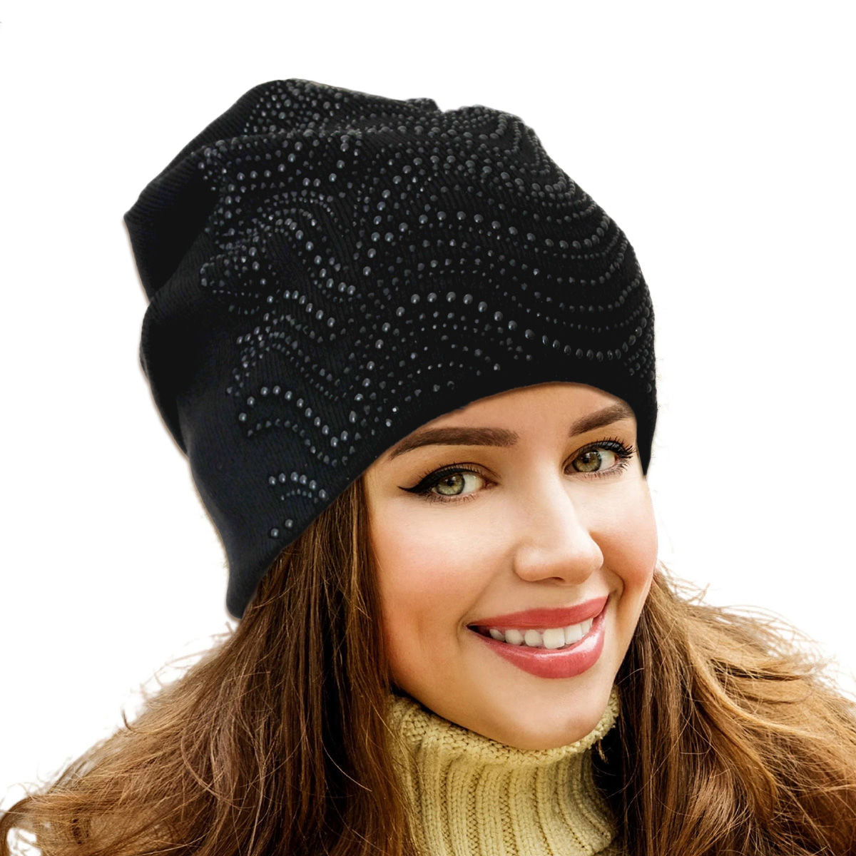 Slouch Beanie Black Beaded Stylish Casual Hat