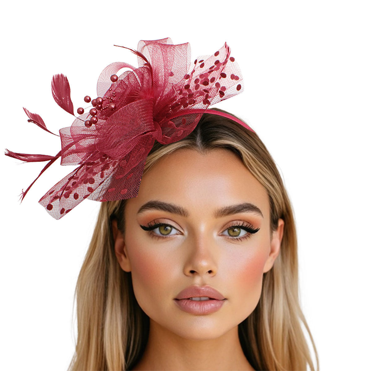 Fashion Fascinator Burgundy Flower Feather Polka Dot Chic Accessory
