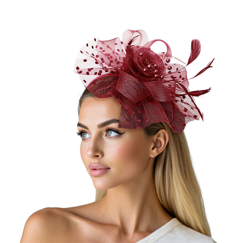 Fashion Fascinator Burgundy Flower Feather Polka Dot Chic Accessory