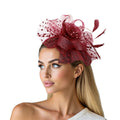 Fashion Fascinator Burgundy Flower Feather Polka Dot Chic Accessory