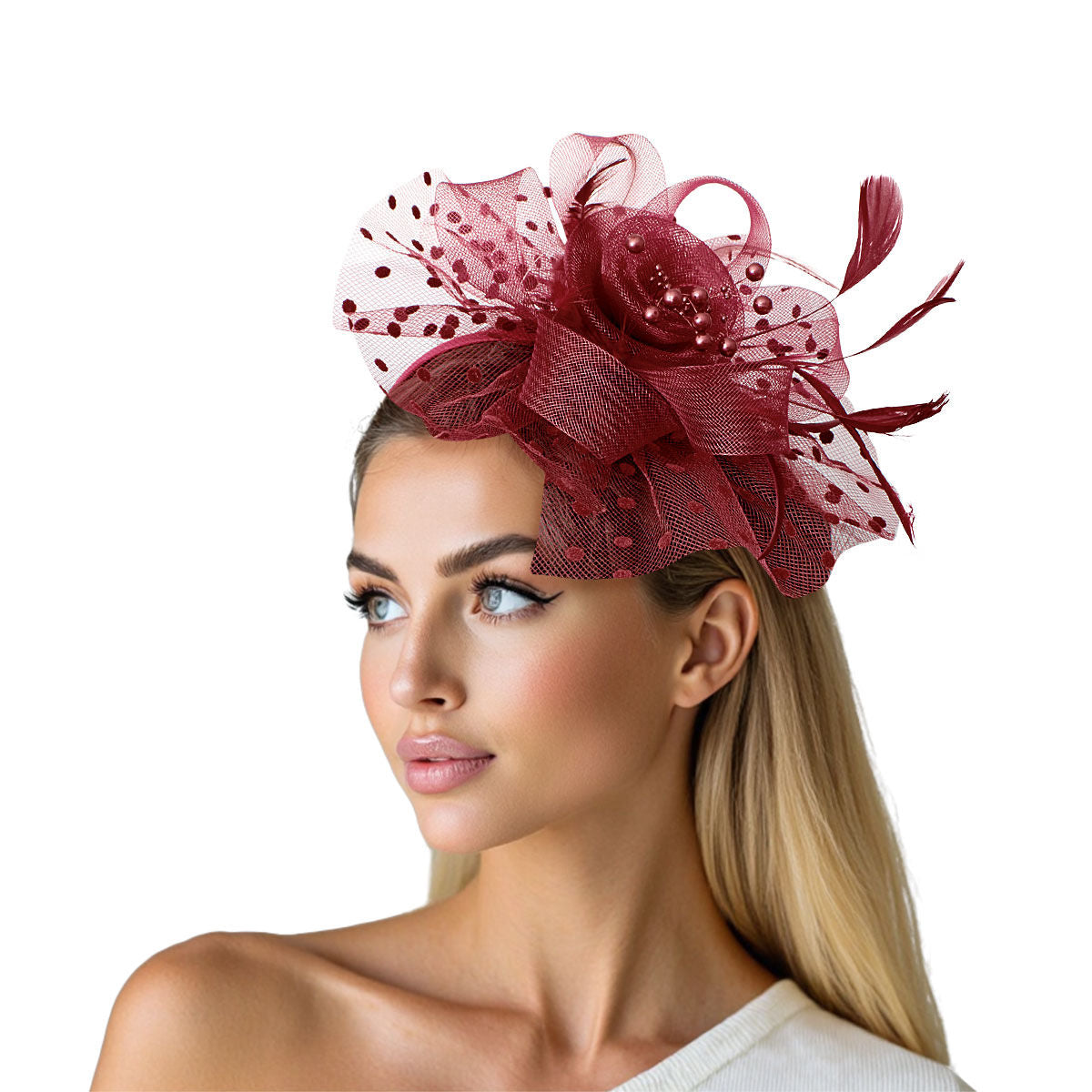 Fashion Fascinator Burgundy Flower Feather Polka Dot Chic Accessory